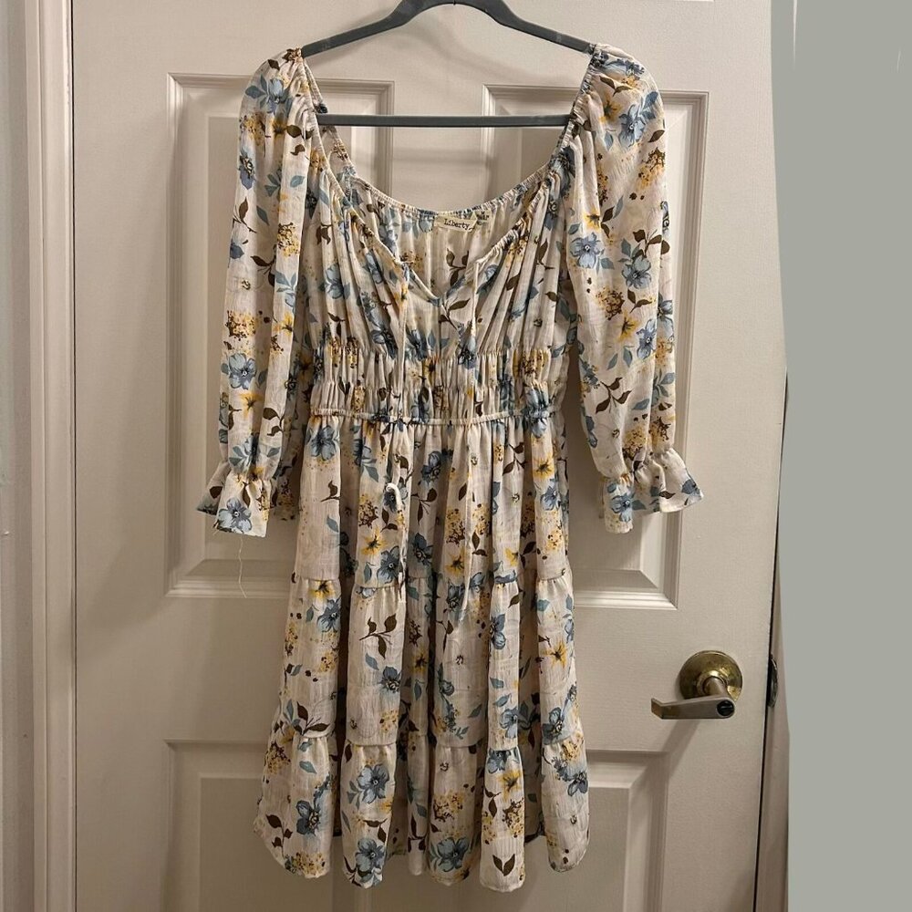 Floral Print Dress - Elastic Neckline, Elastic Waist, Ruffle Cuffs - Size M